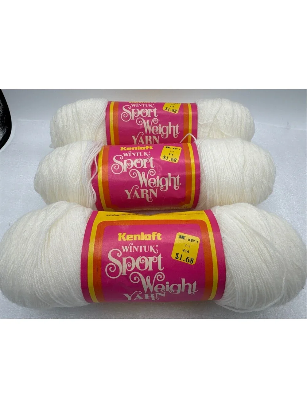 Vintage Lot 3 Skeins Kenloft Wintuk Sport Yarn White DuPont Orlon Acrylic 3 Ply